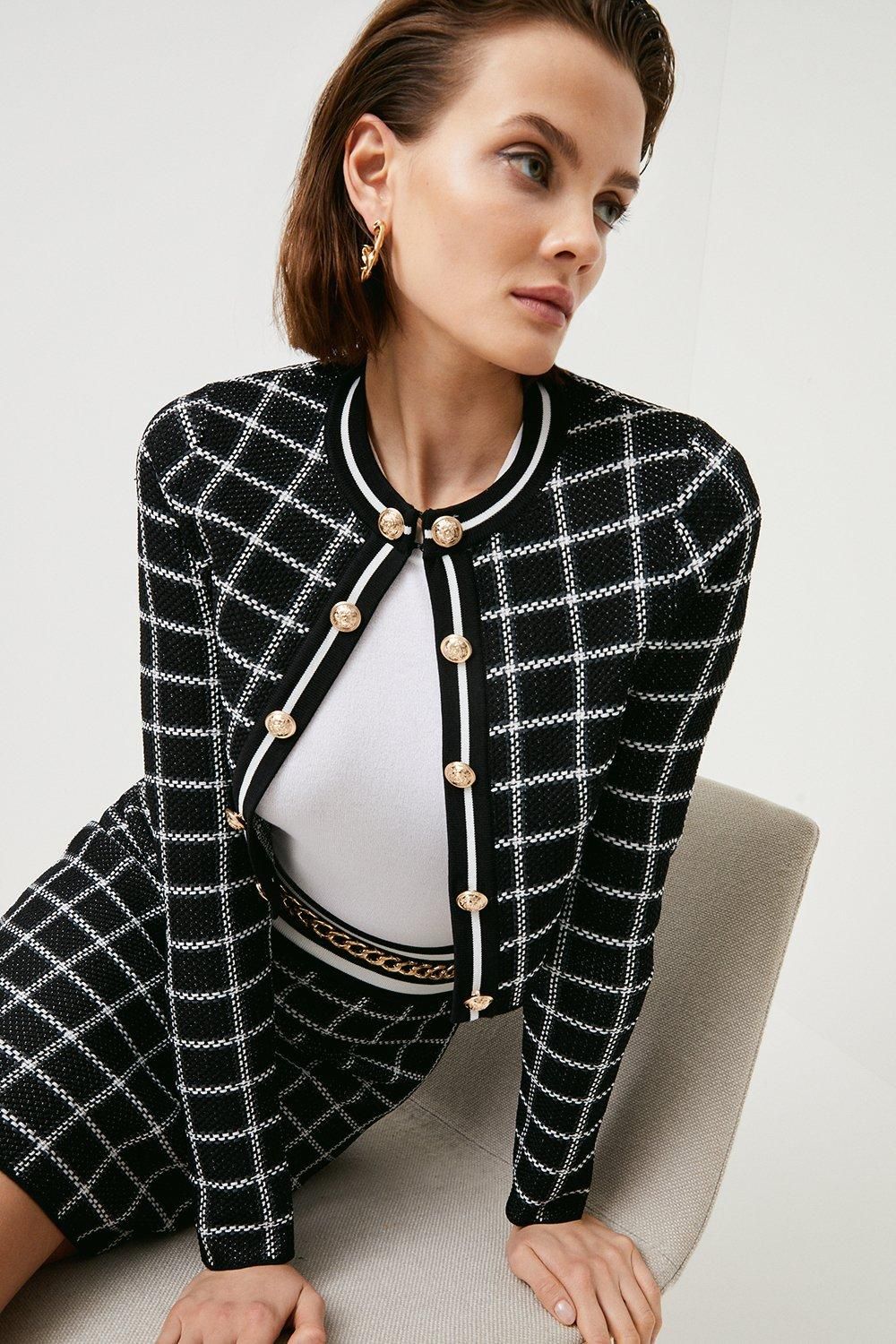 Textured Check Knit Chain Detail Jacket | Karen Millen UK & IE