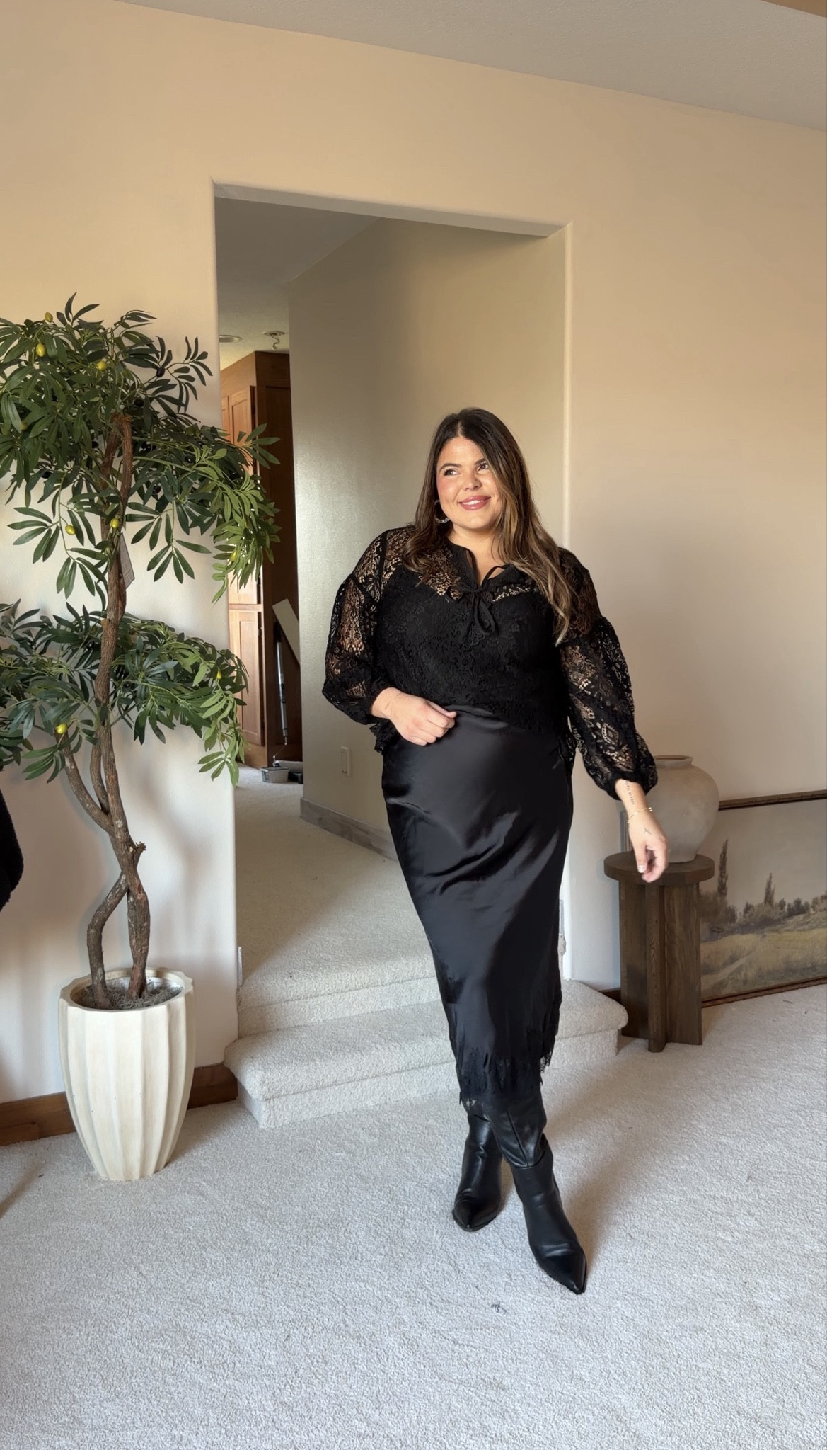 All black winter outfit - midsize and thick tummy approved. Fall outfit, Christmas party, holiday party, Thanksgiving, winter outfit 

Wearing large in the skirt and xl in the lace top 

#LTKmomlife #LTKHoliday #LTKMidsize