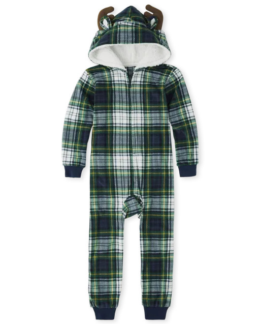 Boys Matching Family Christmas Long Sleeve Plaid Moose Fleece Hooded One Piece Pajamas | The Chil... | The Children's Place
