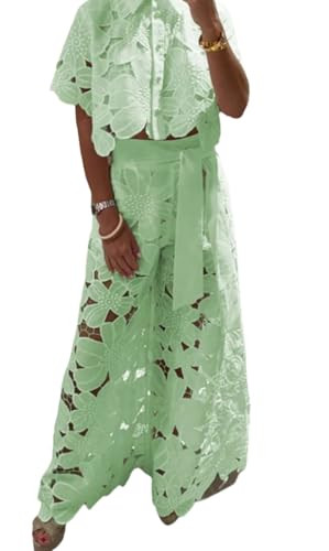 NIFTRIRY Outfits for Women 2 Piece Sets Lace Crop Shirt with Wide Leg Pants Two Piece Sets for Wo... | Amazon (US)