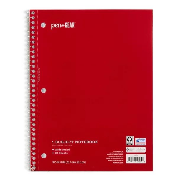 Pen+Gear 1-Subject Notebook, Wide Ruled, 70 Sheets, Red - Walmart.com | Walmart (US)