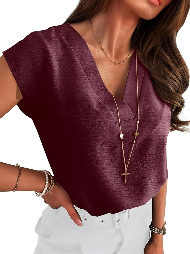 ANRABESS Women Tops Cap Sleeve Textured Dressy Casual V Neck Shirts 2025 Summer Business Work Blo... | Amazon (US)