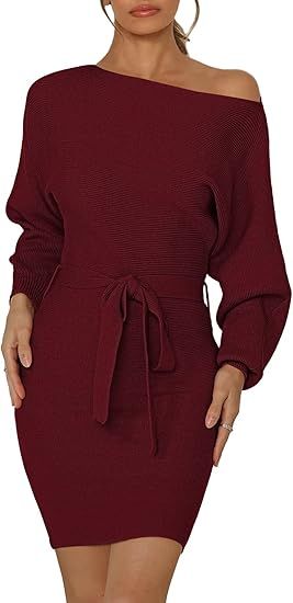 Cutiefox Women's Off Shoulder Sweater Dress Long Sleeve Tie Waist Bodycon Knit Short Dress | Amazon (US)