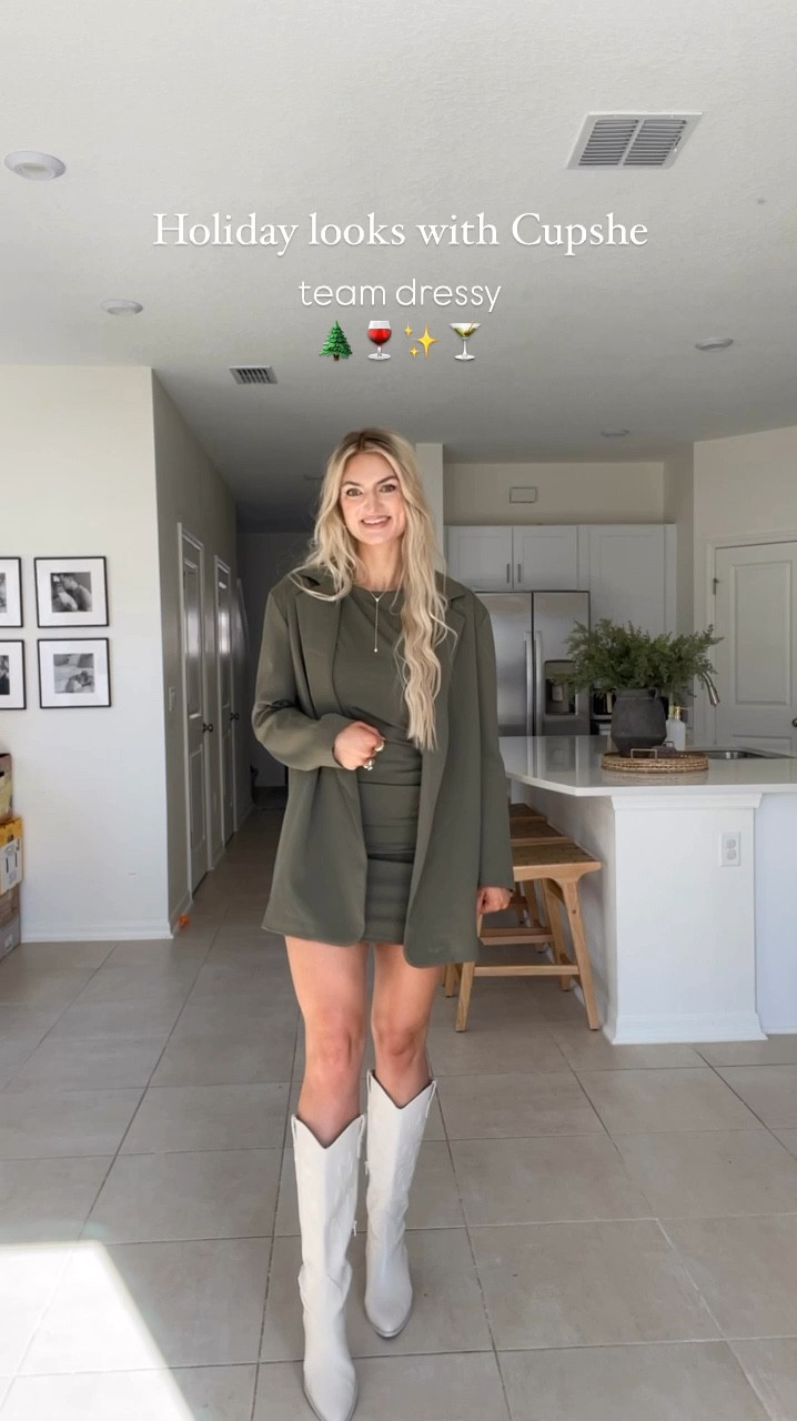 Wearing a medium in everything. Could have done a small I the long sleeve burgundy dress (runs large in my opinion.) the ruching on the olive green dress is so flattering! Love the fit of the oversized blazer- looks so cute paired with the matching dress or worn separately! The blazer set is my favorite thing I've gotten from cupshe yet! 

#LTKGiftGuide #LTKCyberWeek #LTKHoliday
