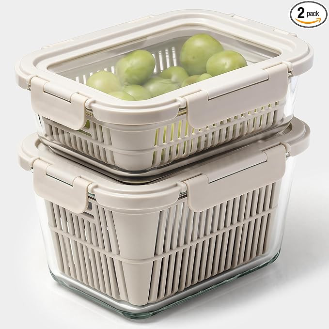 GENICOOK Glass Produce Storage Containers for Fridge, 2-Pack – Airtight Fruit & Vegetable Conta... | Amazon (US)