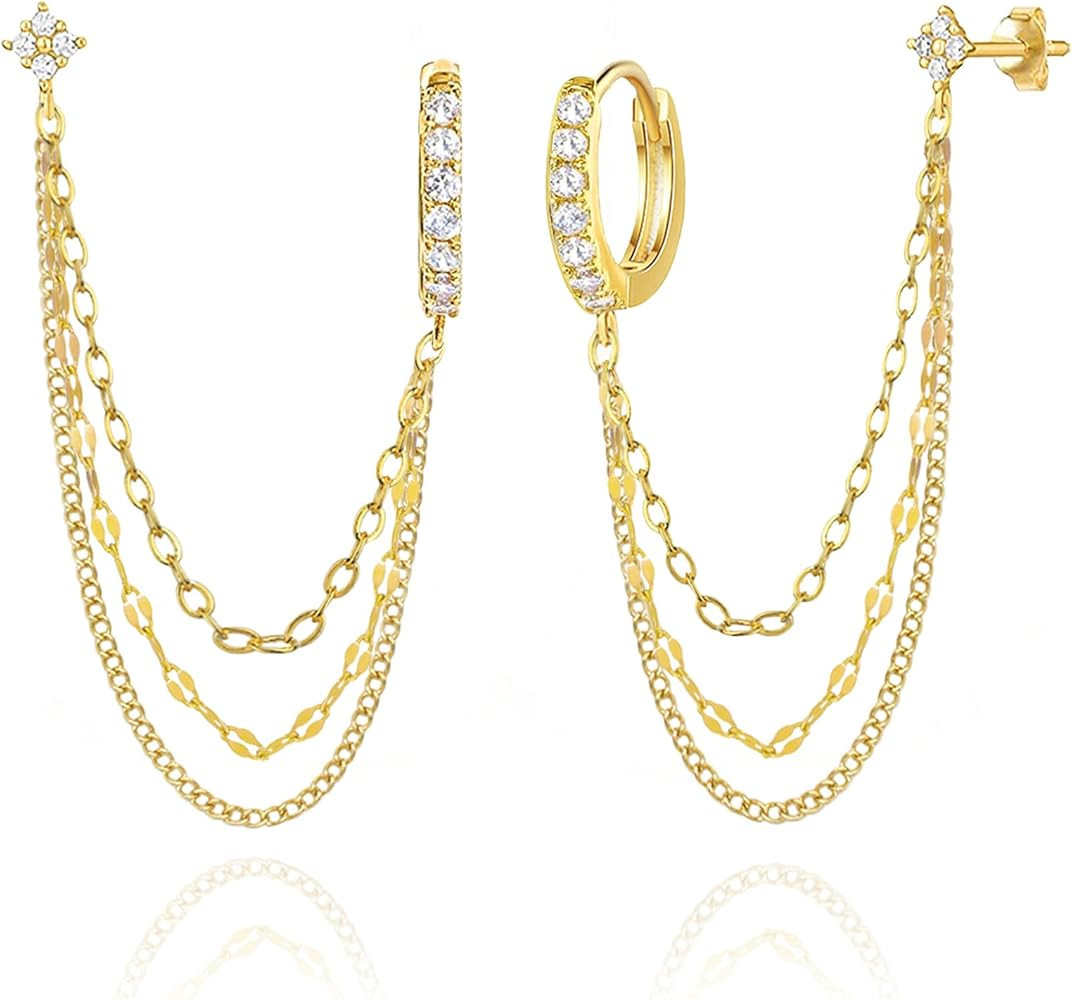 925 Sterling Silver Four Zircons Flower Stud Double Piercing Chain Earrings | Double Piercing Dan... | Amazon (US)