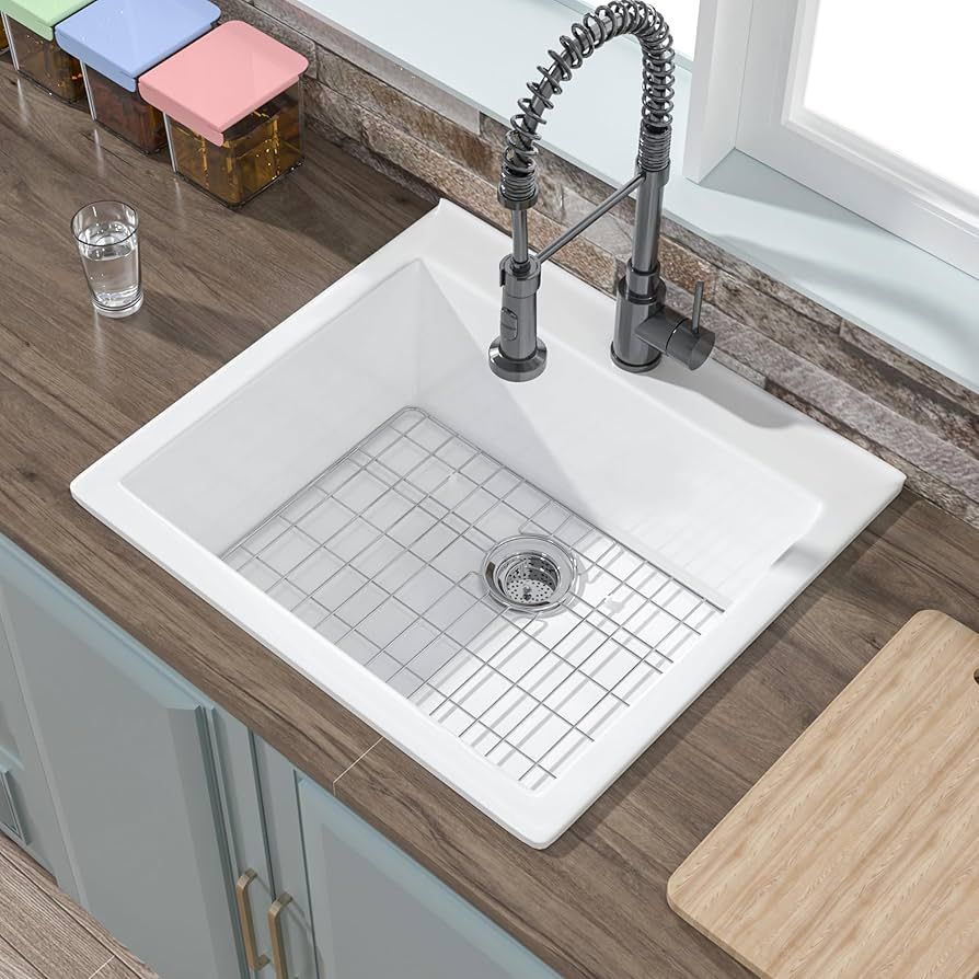 Small Kitchen Sink Drop In 24 x 22 Inch,10" High White Kitchen Sink,Topmount Outdoor Kitchen Sink... | Amazon (US)