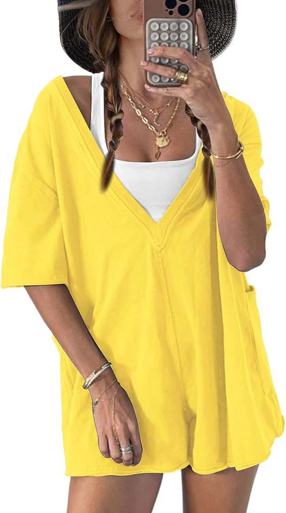 ReachMe Womens Oversized Tshirt Romper Reversible Tee Rompers Wide Leg Short Jumpsuits Summer Cas... | Amazon (US)