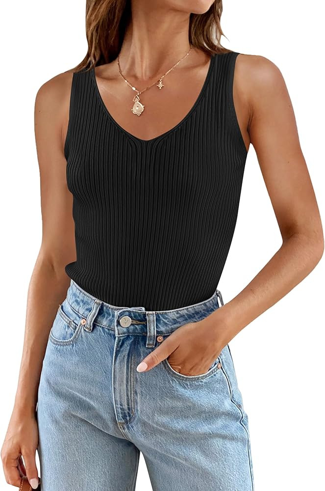ZESICA Womens 2024 Ribbed Tank Tops Summer Sleeveless V Neck Shirts Casual Sexy Slim Fitted Basic... | Amazon (US)