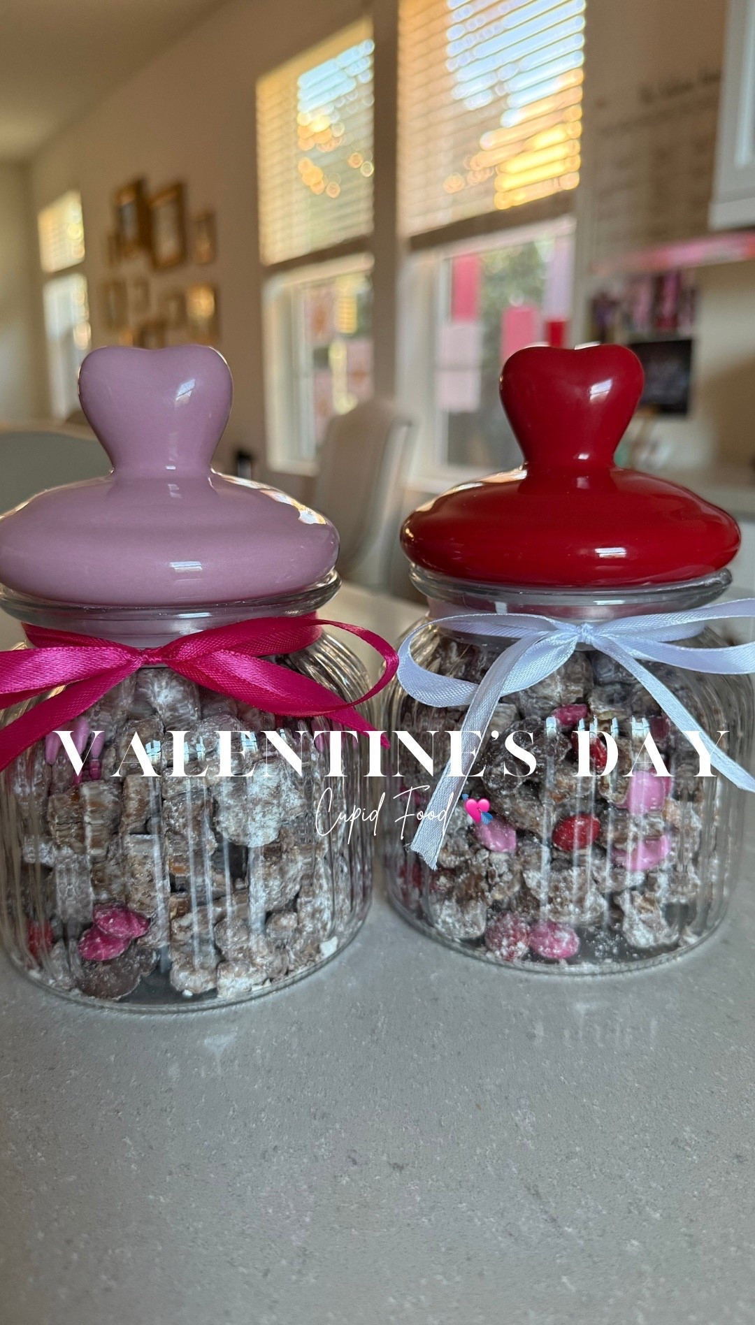 The reindeer food was such a hit, I put a little twist on it and we have cupid’s food 💘 Put it in a fancy little jar and makes a perfect gift 🎁 

Recipe
• 1 ½ cups semisweet or dark chocolate chips
• 1 ½ cups creamy peanut butter
• 5 cups Rice Chex Cereal
• 1 ½ cups mini pretzels broken into pieces
• 2 cups powdered sugar
• 1 ½ cups of pink & red M&Ms
• 1 cup mini heart shaped peanut butter cups

In a large bowl, combine rice Chex cereal and pretzel pieces.
Melt peanut butter and chocolate together, either on the stovetop or in the microwave.
Pour peanut butter chocolate mixture over cereal/pretzel mixture and stir to combine.
Chill in the refrigerator until the mixture just barely begins to set up (about 30 minutes).
Remove the mixture from the refrigerator.
In a separate, large bowl, put ½ cup powdered sugar on the bottom of the bowl. Add half of the chilled mixture, then add another ½ cup powdered sugar over the cereal and the remaining chocolate/cereal mixture.
Gently stir until the powdered sugar is evenly distributed, tossing to coat the cereal with powdered sugar.
Chill the mixture again in the refrigerator until it’s set (about another 30-60 minutes).
Add more powdered sugar, ¼ cup at a time until the cereal/pretzel mixture is coated.
Add M&Ms and peanut butter cups and stir to combine.
Transfer to a serving bowl and serve.

Amazon, Target, Valentines Day treat, Valentines Day gift, Valentines day party, reindeer food, Cupid’s food, seasonal treat, kids snack

#LTKfoodie #LTKSeasonal #LTKmomlife