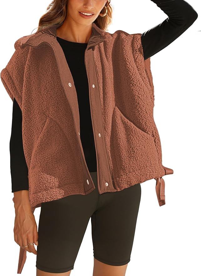 Sherpa Jacket for Women Casual Fleece Vest Oversized Sleeveless Outwear Warm Button Down Gilet wi... | Amazon (US)
