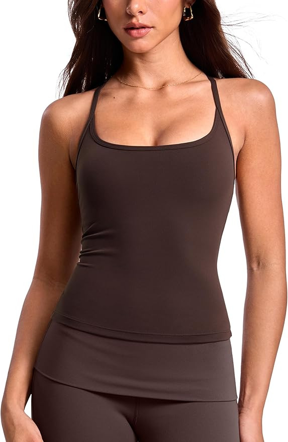 Womens Low Scoop Neck Racerback Tank Top Workout Yoga Pilates Camisole Built-in Bra Fitted Sleeve... | Amazon (US)