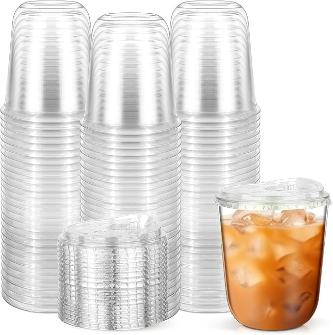 KAHEIGN 50Pcs Clear Plastic Cups with Strawless Sip Lids, 360ml Plastic Coffee Tumbler Reusable D... | Amazon (UK)