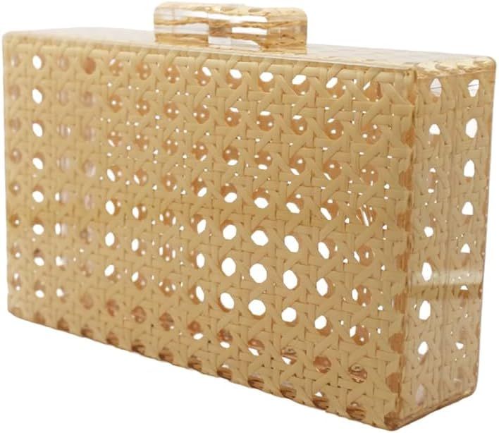 Women Acrylic Handbag Rattan Woven Pattern Square Box Crossbody Handbag Shoulder Bag Chain Purse | Amazon (US)