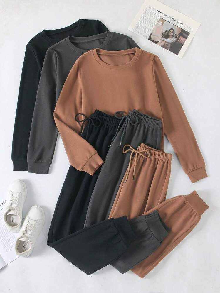 6pcs/Set Women's Round Neck Long-Sleeved Top And Knotted Waist Pants Homewear Lounge Set Cozy Outfit, Fall Winter Clothes | SHEIN