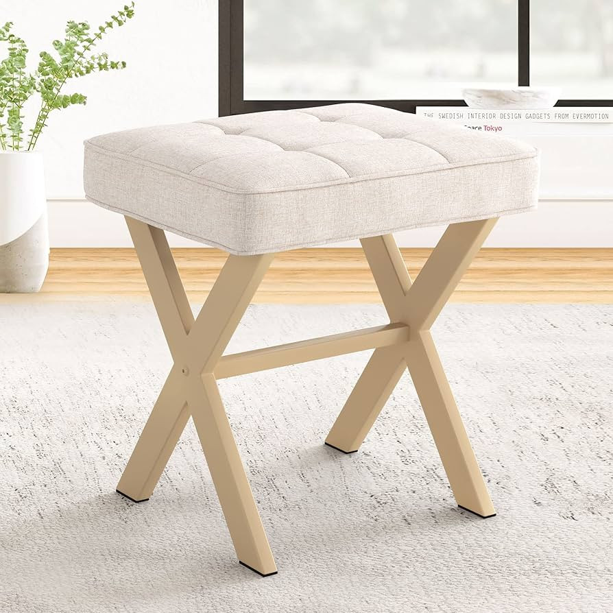LUE BONA Square Linen Makeup Stool, Metal X Legs, Small Ottoman Stool Chair for Vanity, Modern Pa... | Amazon (US)