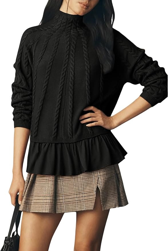 Womens' Turtleneck Long Sleeve Cable Knit Sweaters Oversized Contrast Ruffle Hem Pullover Top(Bla... | Amazon (US)