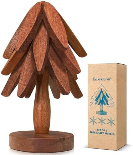 New Set of 3 Kitchen Table Decor Foldable Wooden Trivets for Hot Pots and Pans,Tree Shape Trivets | Amazon (US)