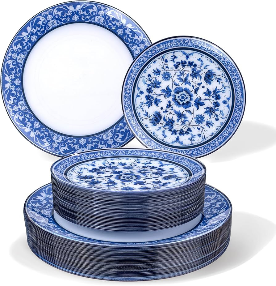 Hioasis 60pcs Blue Plastic Plates Set - Floral Blue & White Porcelain Design, 10.25" Dinner & 7.5... | Amazon (US)