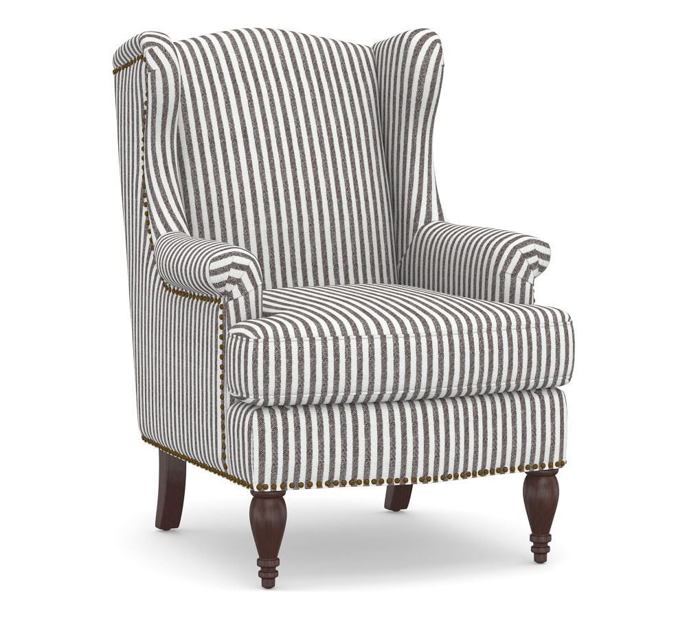 SoMa Delancey Upholstered Wingback Armchair, Polyester Wrapped Cushions, Vintage Stripe Black/Ivo... | Pottery Barn (US)