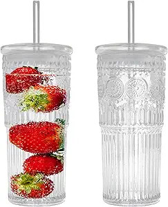 Bandesun All Glass Iced Coffee Cup With Lids and Straws，24 OZ High Borosilicate Glass Tumbler f... | Amazon (US)