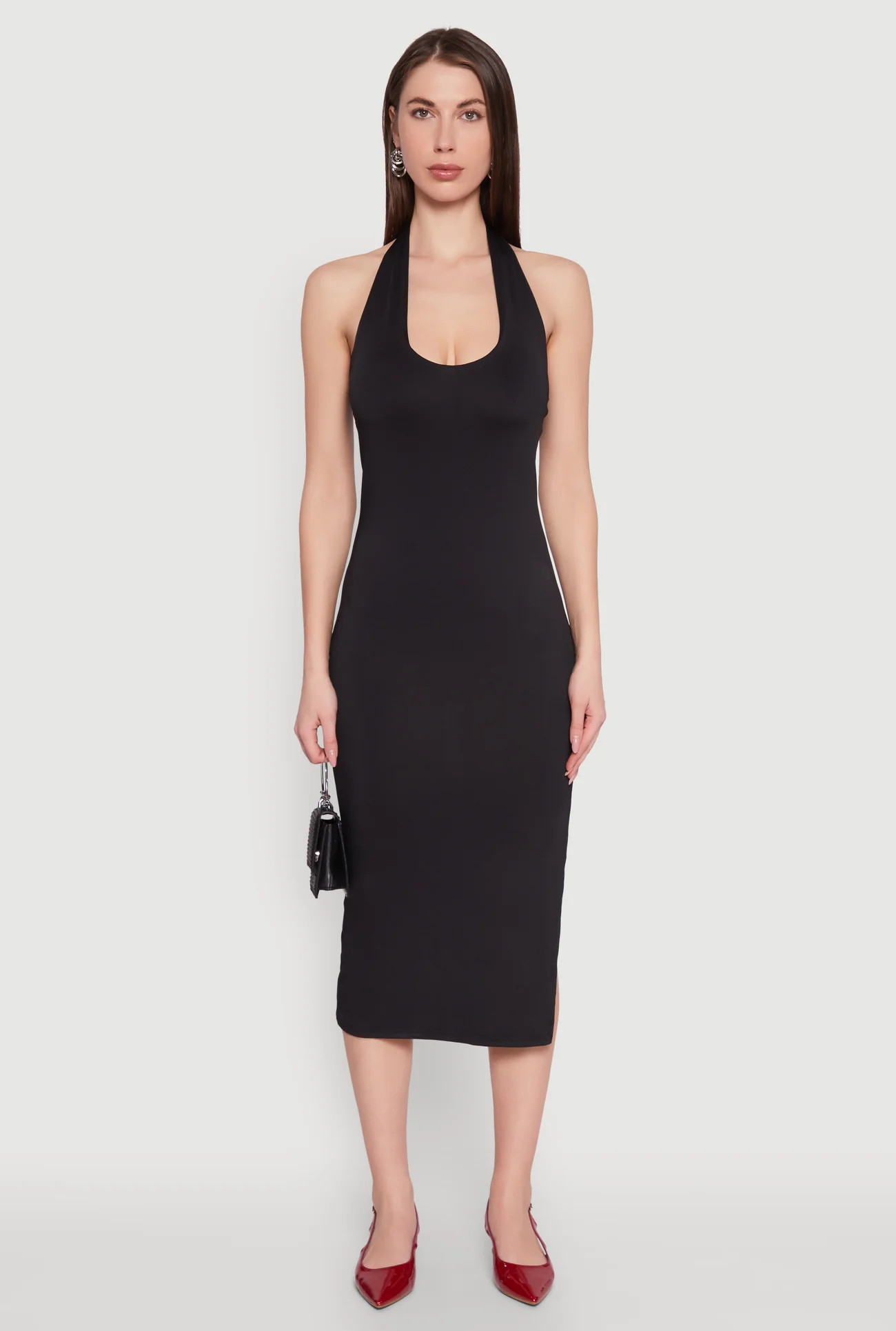 Side Slit Halter Neck Midi Dress | Rainbow Shops