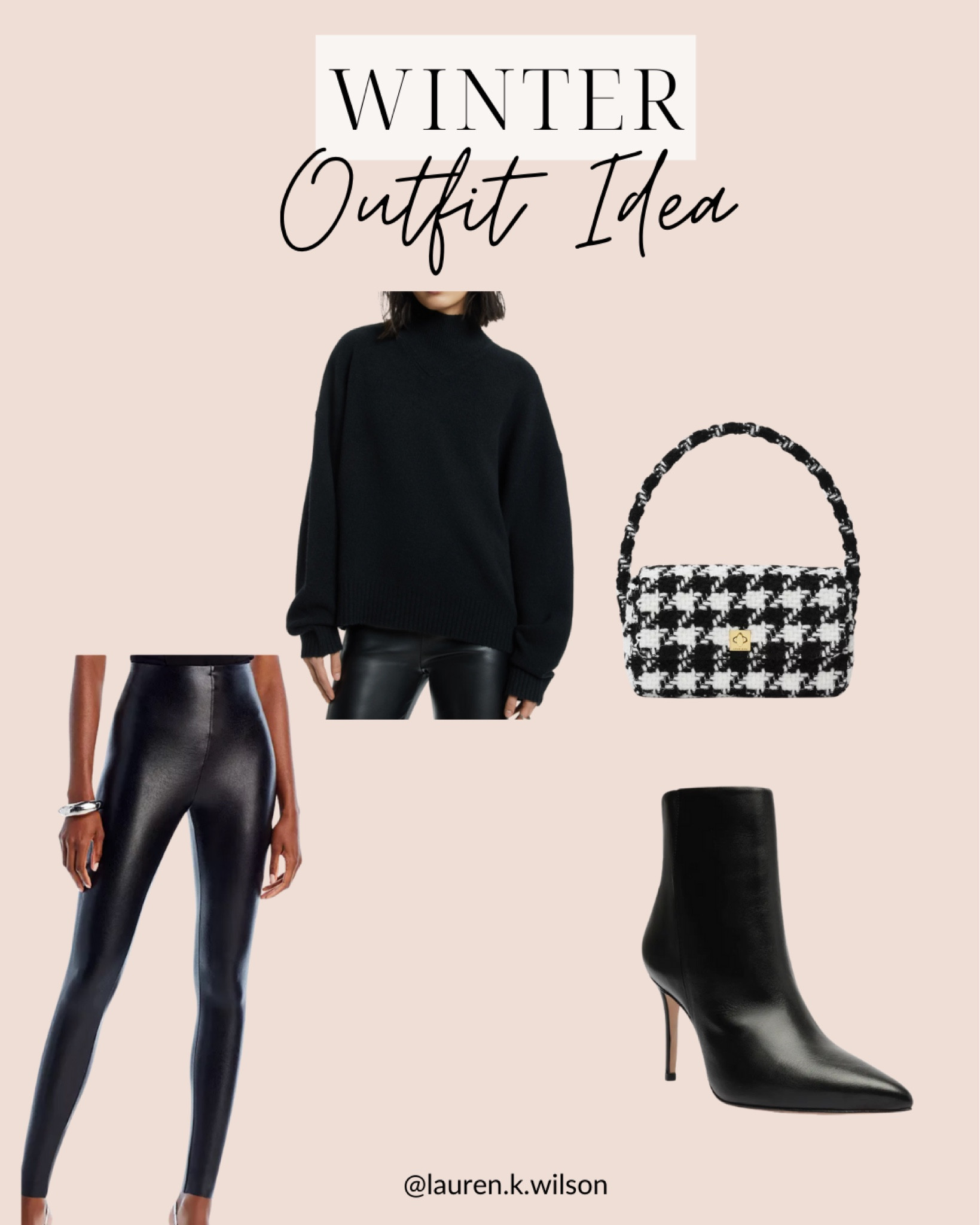 Winter outfit idea, turtleneck, houndstooth, handbag, purse, faux leather leggings, booties, pointed toe 

#LTKstyletip #LTKfindsunder100 #LTKSeasonal