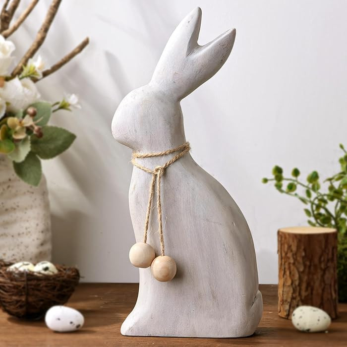 Farmhouse Antique Wood Rabbit Figurines, Handmade Elegant Easter Bunny Statue with Rustic Jute Bo... | Amazon (US)