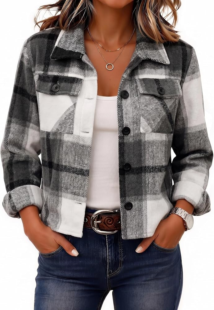 Zeagoo Flannels for Women Cropped Shacket Jacket Fashion Plaid Fall Coat | Amazon (US)