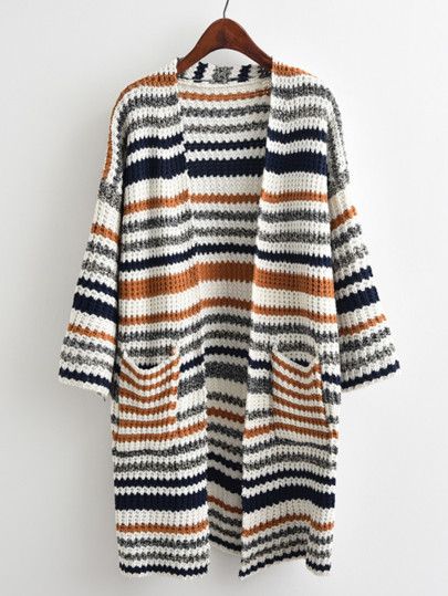Striped Textured Knit Longline Cardigan SweaterFor Women-romwe | ROMWE