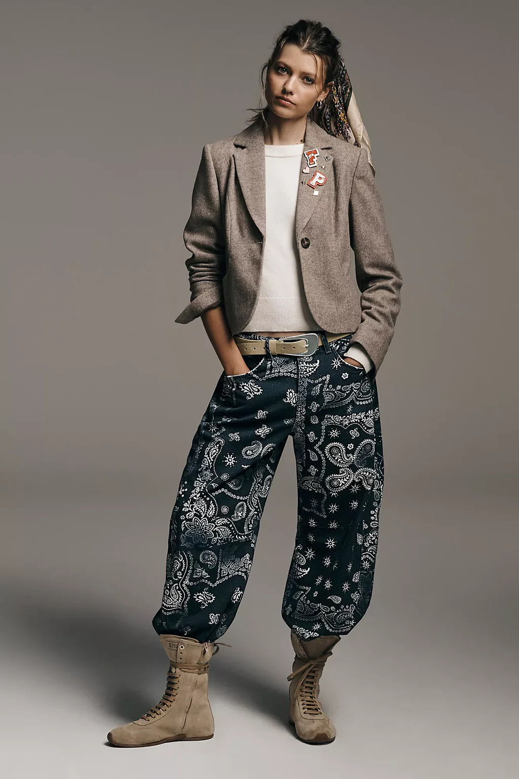 We The Free Good Luck Printed Barrel Jeans- Navy Bandana | Ama La Vita
