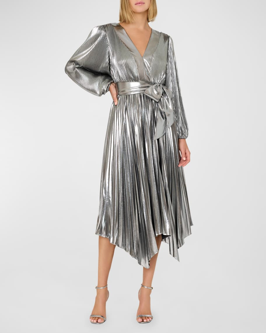 Liora Pleated Metallic Handkerchief Midi Dress | Neiman Marcus