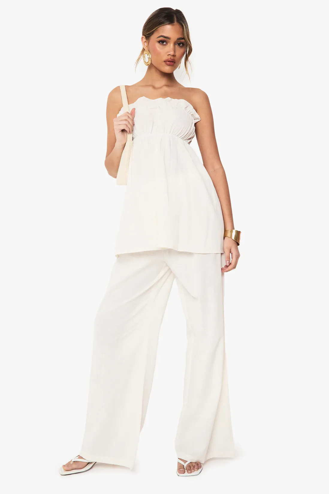 Trousers | Linen Look Longline Bandeau And Wide Leg Trouser Co-Ord | boohoo | Boohoo.com (UK & IE)