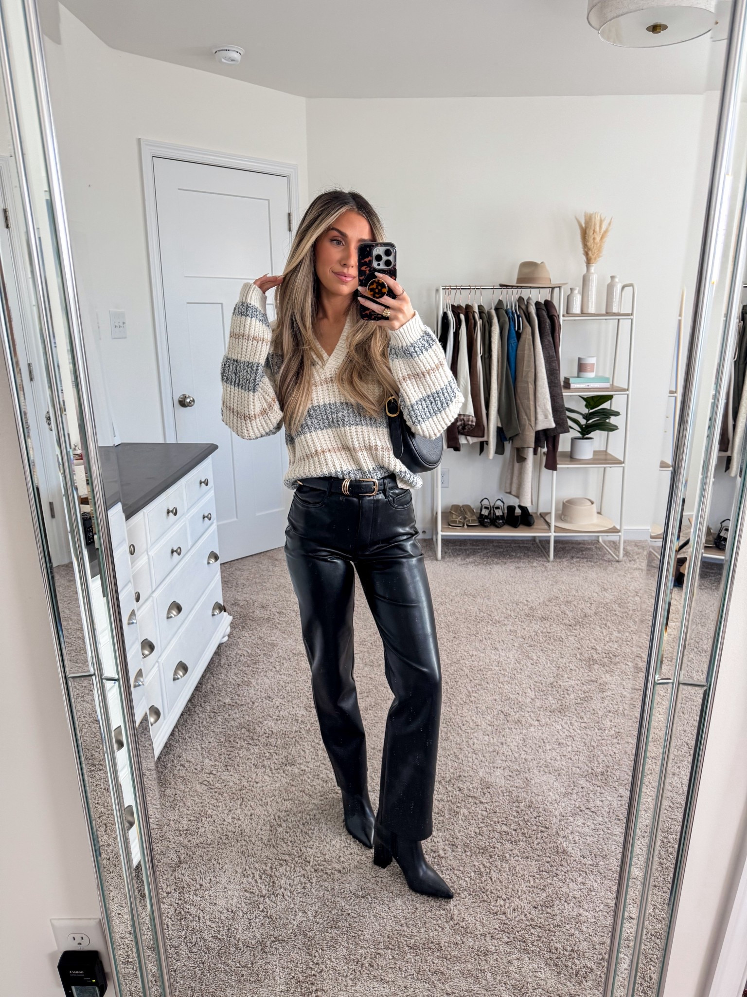Target sweater: medium 
Abercrombie faux leather pants: 25 short 
Belt: xs/s
Boots: true to size 

Date night outfit 
Elevated casual 
Leather pants outfit 
 Casual chic outfit 

#LTKSeasonal #LTKFindsUnder50 #LTKFindsUnder100