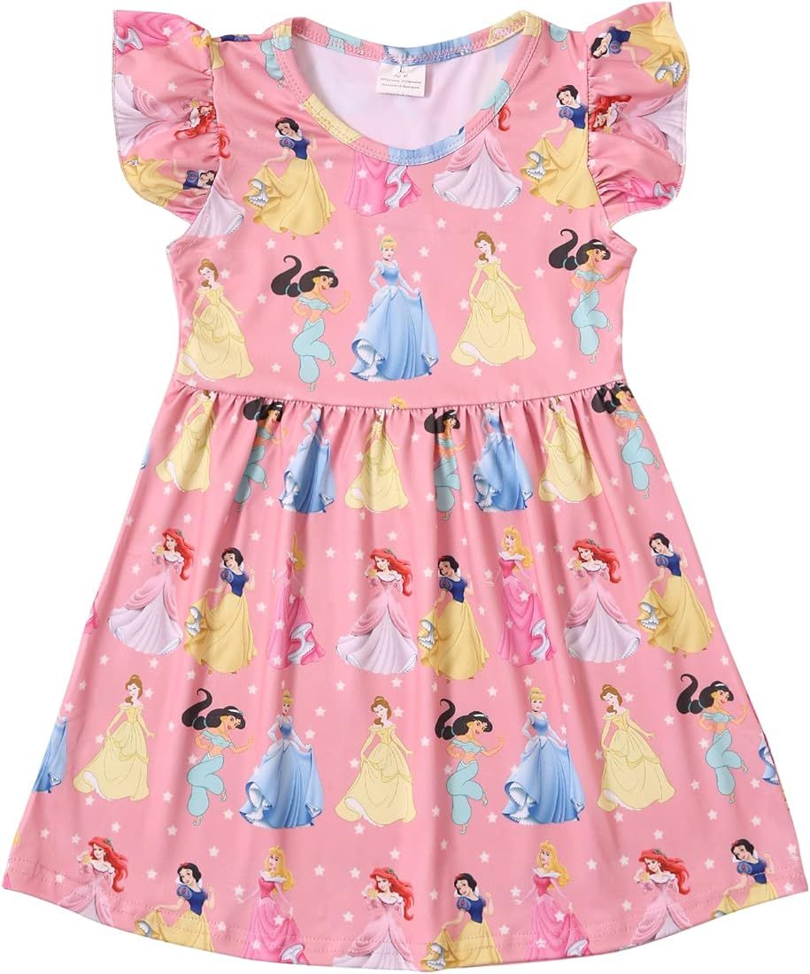 Toddler Girls Princess Cartoon Dress Ruffle Bottom Summer Flutter Sleeves Clothes 1-8Y | Amazon (US)