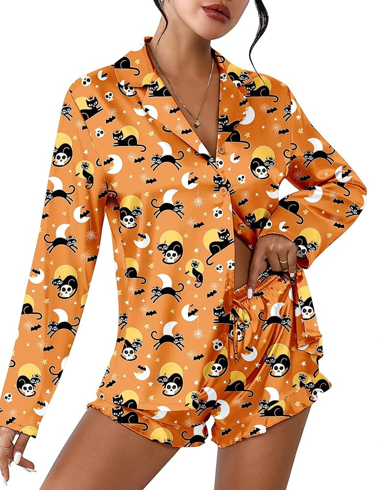 Ekouaer Womens Satin Pajama Sets Long Sleeve Top and Shorts Lounge Set Button Down Sleepwear | Amazon (US)