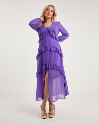 Occasion Purple Long Sleeve Frill Tiered Maxi Dress | Simply Be | Simply Be (UK)