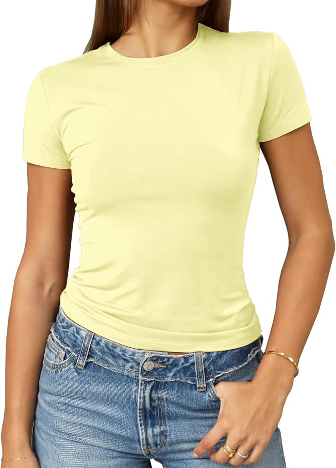 Abardsion Women's Casual Basic Going Out Crop Tops Slim Fit Short Sleeve Crew Neck Tight T Shirts... | Amazon (US)