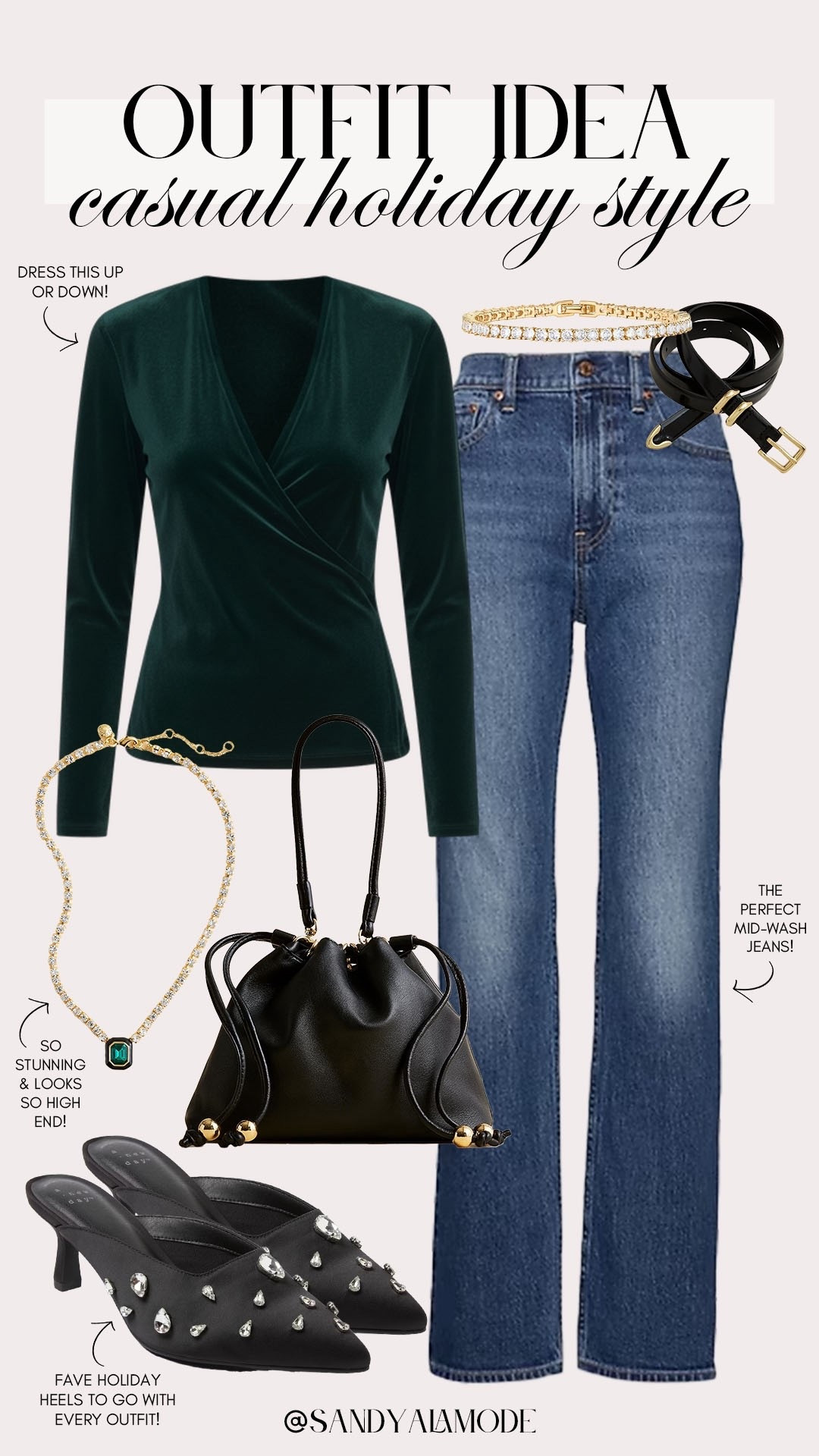 Elevated casual holiday outfit idea. Green velvet wrap top. Casual holiday style. Chic black drawstring clutch. Statement holiday necklace. Target fashion. Target embellished holiday heels  

#LTKSeasonal #LTKHoliday #LTKFindsUnder50