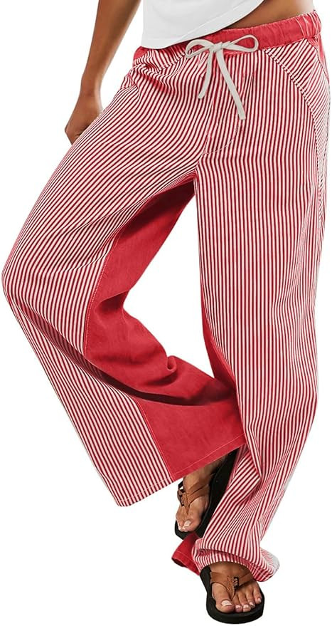ONLYSTORY Women Striped Low Rise Pants Boho Wide Leg Pant Trendy Fun Patchwork Draw String Pull O... | Amazon (US)
