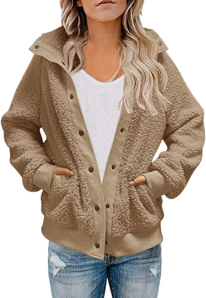 MEROKEETY Womens Winter Long Sleeve Button Sherpa Jacket Coat Pockets Warm Fleece | Amazon (US)