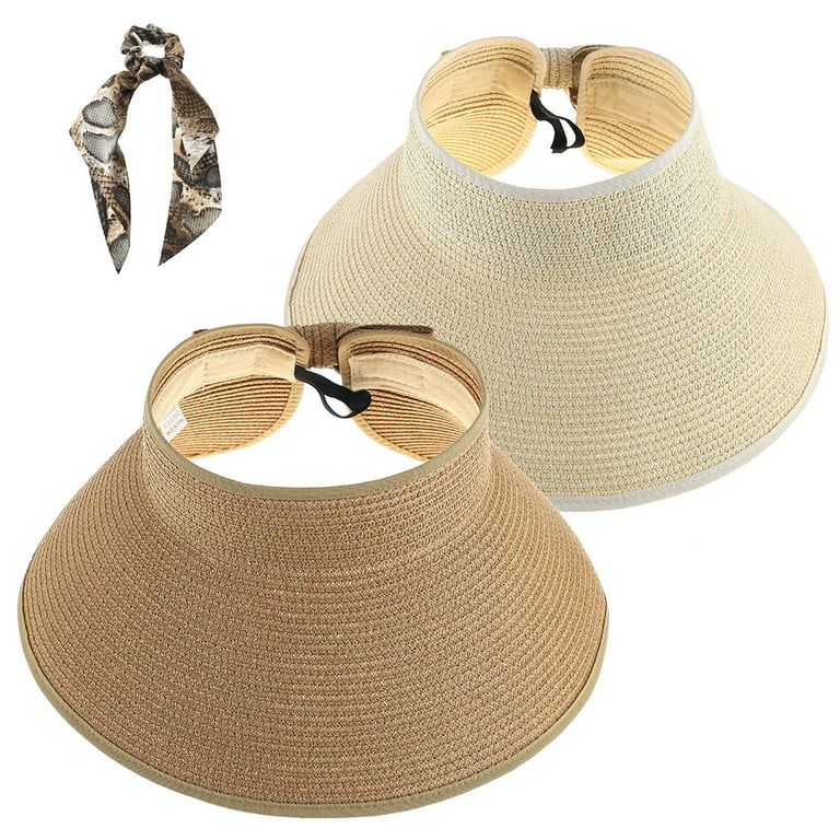 2 Packs Sun Visor Hats for Women Wide Brim Beach Hat Foldable Roll Up Summer Straw Sun Hats for V... | Walmart (US)