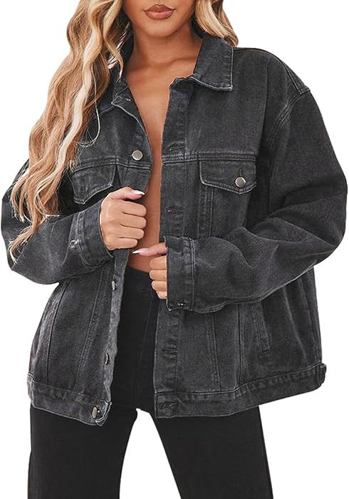 CHBAZH Black Jean Jacket for Women Oversized Long Sleeve plus size Casual Denim Jackets with Pock... | Amazon (US)