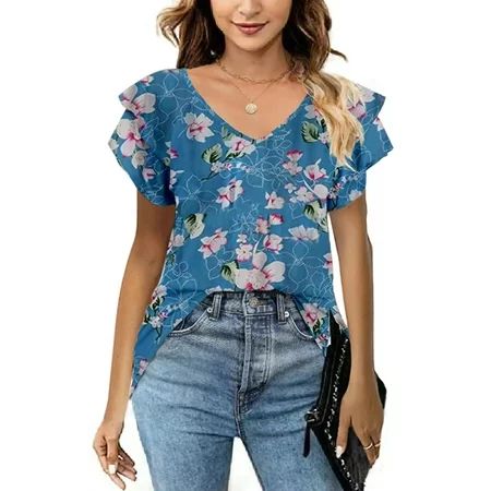 Grianlook Ladies Summer Tops V Neck T Shirt Floral Print T-shirt Women Casual Pullover Loose Short S | Walmart (US)