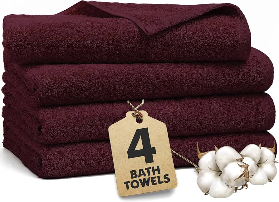 Bath Towels Set of 4 \u2013 100% Ring Spun Cotton Burgundy Extra Large Towels for Bathroom, Spa U... | Amazon (US)
