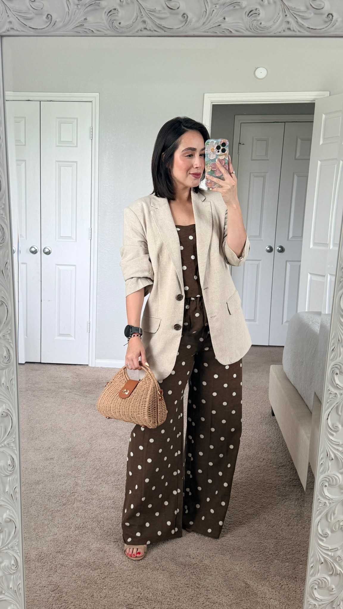 Brown polka dot was found at Marshall’s. Brand Midnight Sky-size medium. 
Blazer oldie from Target. 
Heels are Sam Edelman. 

Did my best at linking similar items!

#LTKPetite #LTKmomlife #LTKootd