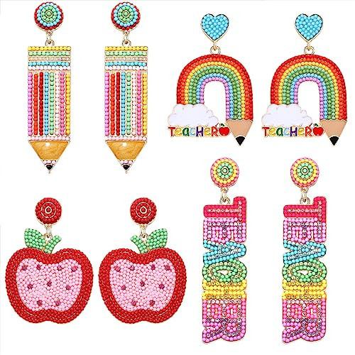 Teacher Earrings for Women Beaded Teacher Pencil Apple Book Drop Earrings Letter TEACHER FRI YAY Statement Earrings Teacher Appreciation Back to School Jewelry Gifts (Teacher B) | Amazon (US)