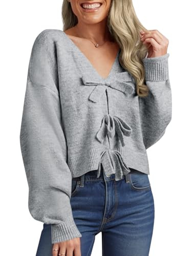 Saodimallsu Womens Bow Sweater Cropped V Neck Long Sleeve Fall Cozy Knit Loose Trendy Pullover Sw... | Amazon (US)
