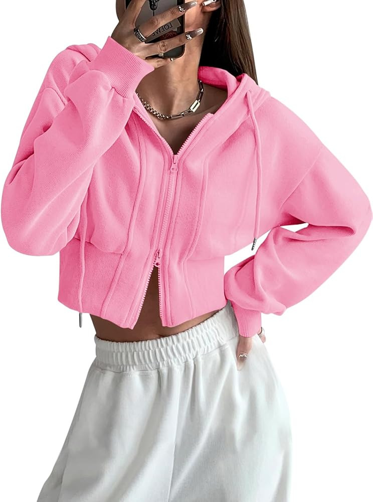 Fisoew Women's Casual Zip Up Crop Hoodies Workout Drawstring Long Sleeve Sweatshirts | Amazon (US)