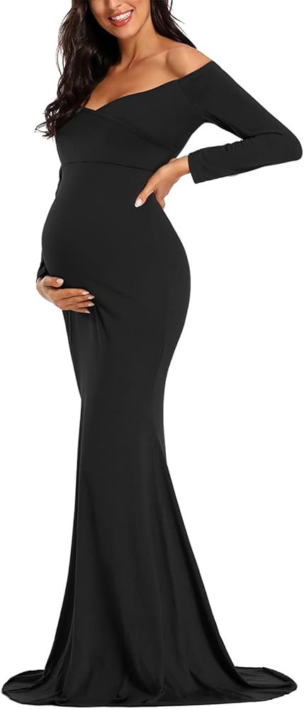 Ecavus Women's Off Shoulder Maternity Dress Slim Cross-Front V Neck Long&Short Sleeves Gowns for ... | Amazon (US)